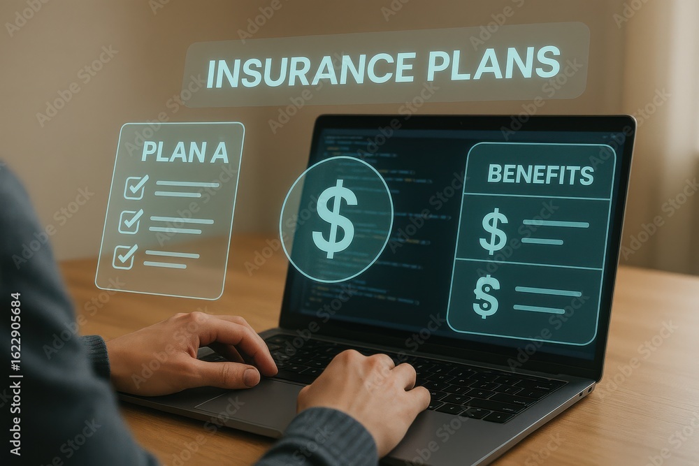 Aufkleber user comparing insurance plans and benefits using digital interface with checklist and dollar icons