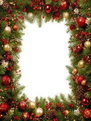 A decorative Christmas frame features vibrant red and gold ornaments, lush pine branches, and cone accents. Perfect for holiday cards or festive greetings during the winter season.