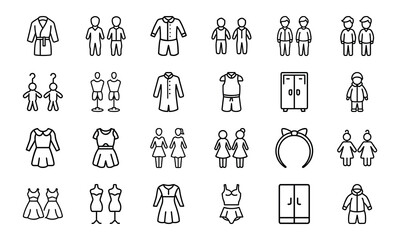 Line Style Baby and Kids Clothing Icons Set – Vector Outfit and Wardrobe Collection for Children, Boys, Girls, and Toddlers