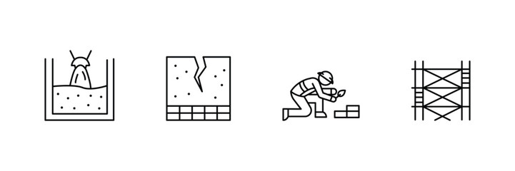 Construction site worker and foundation process icon vector illustration set with concrete pour crack repair scaffolding masonry safety gear in outline style.