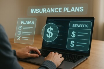 User comparing insurance plans and benefits using digital interface with checklist and dollar icons
