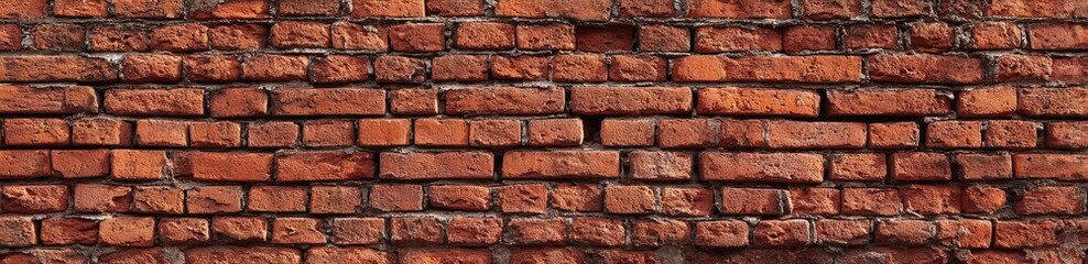Obraz premium A close-up view of a weathered brick wall. Rows of rectangular bricks in varying shades of reddish-brown, showing signs of age and use. Mortar lines are visible between the bricks