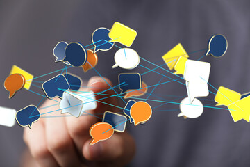 Abstract image of interconnected speech bubbles, symbolizing global communication and networking.