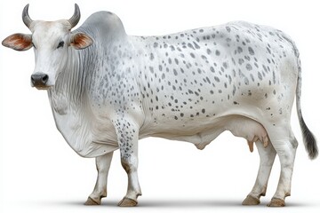 A large spotted cow with a sturdy build stands calmly in a green pasture. The sun illuminates its distinctive pattern, showcasing shades of white and gray. The backdrop is a serene rural landscape.
