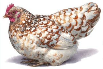 This hen exhibits a striking array of brown and white feathers, showcasing intricate patterns. Its posture and vibrant comb add to its charm while basking in the sunlight, surrounded by greenery.