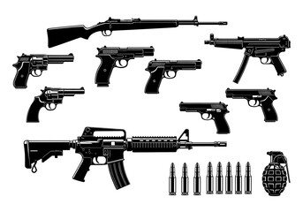 Vector art of collection of various firearms including pistols, revolvers, rifles, shotguns, and a grenade, isolated on white background