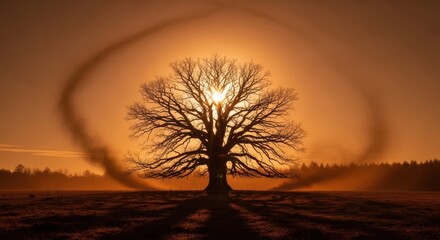 Majestic Leafless Tree Silhouette at Sunset in Open Field with Dramatic Sky