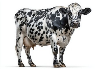 A black and white spotted cow stands in a neutral environment, showcasing its distinctive markings. The animal appears healthy and alert, embodying the essence of farm life and agricultural beauty.