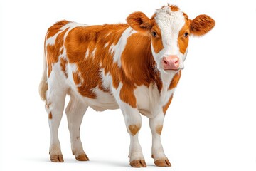 A young, adorable calf with a reddish-brown and white coat stands on a plain white background. The calfs large expressive eyes and curious demeanor are delightful, capturing attention effortlessly.
