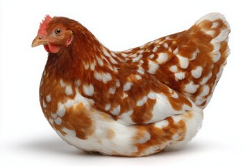 A brown chicken with distinctive white spots stands elegantly on a clean white background. The chicken showcases vibrant feathers, capturing attention with its unique coloration.