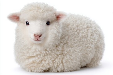 A young lamb with soft white fur sits peacefully, showcasing its round shape and gentle features. Its calm demeanor adds to the tranquil atmosphere in a warm, inviting setting.