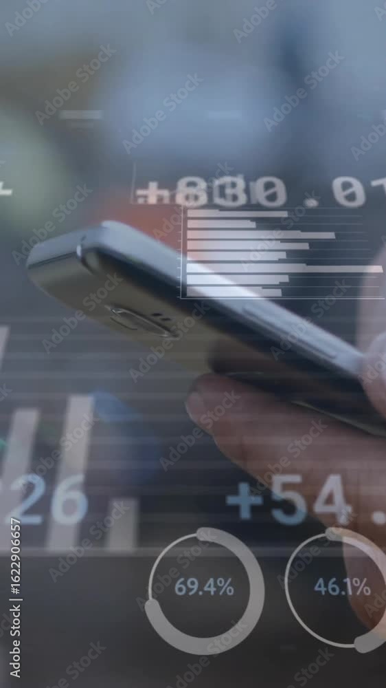 Poster animation of financial data processing over caucasian businessman using smartphone