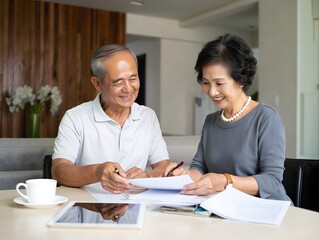 Senior couple planning retirement finances reviewing documents and investments at home table