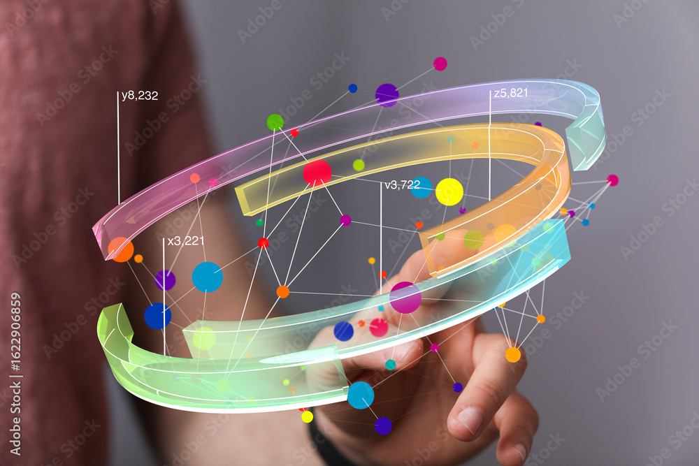 Aufkleber abstract graphic of a person interacting with a vibrant, 3d data network visualization.