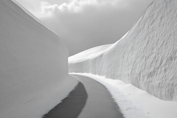 Monochromatic snow corridor with winding road, creating a winter wonderland landscape under a cloudy sky.