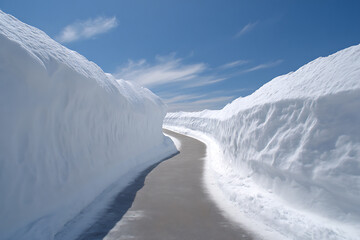 A winding path through towering snow walls under a bright blue sky with wispy clouds, creating a serene winter scene.