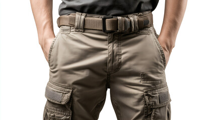 Cargo Pants with Belt: The image showcases a man in cargo pants and a matching belt, suggesting comfort and utility with its multiple pockets, and is captured in a studio shot.