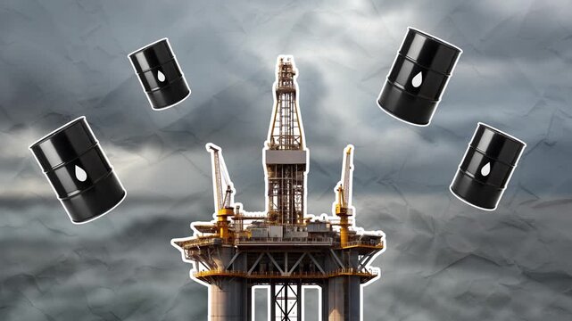 An oil platform appears at the bottom of the frame, with barrels of crude oil growing around it. Concept of oil. Empty space for text. Smooth animation on color paper background