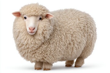 A fluffy sheep with soft, rounded features stands still on a plain white background. The sheep has a charming expression, highlighting its thick wool coat, giving it an adorable appearance.