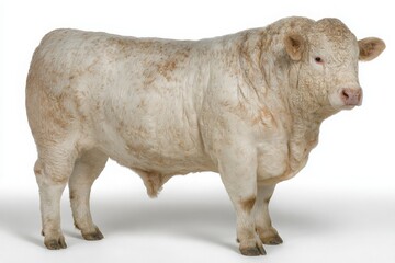 This white cow stands confidently on a light background, displaying its strong build and unique coat pattern. The calm daylight accents its features and serene demeanor.