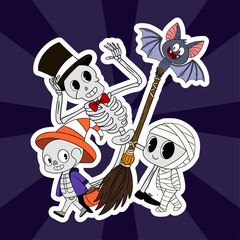 Happy Halloween characters big one scene sticker with funny and cute elements. Trick or treat sticker cartoon 