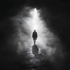 Silhouette of a person walking towards bright light dramatic photo concept