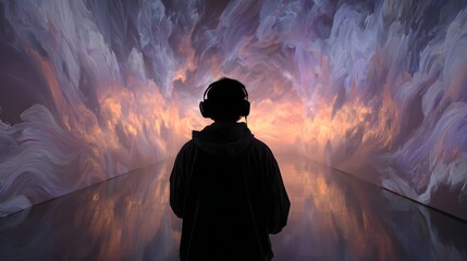 Back view of a person in a hoodie wearing headphones, facing a colorful abstract digital art display of swirling purple and orange clouds