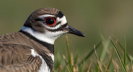 Close-up of a bird, side profile, with striped plumage and red eye