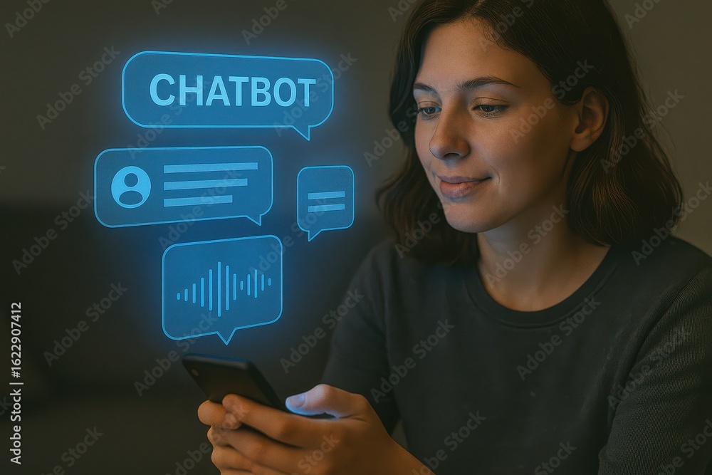 Poster woman interacting with ai chatbot using mobile phone and digital speech interface in modern home set