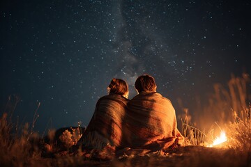 Romantic couple watching starry night sky by cozy campfire in peaceful meadow, sharing blanket and creating lasting memories together