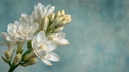 Obraz premium Close up of white tuberose flowers with delicate petals and buds against a textured blue-green background
