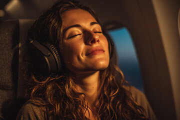 A serene woman enjoys music on a plane, bathed in warm sunlight, creating a peaceful atmosphere.