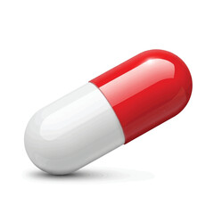A red and white capsule pill, angled, isolated on white background.