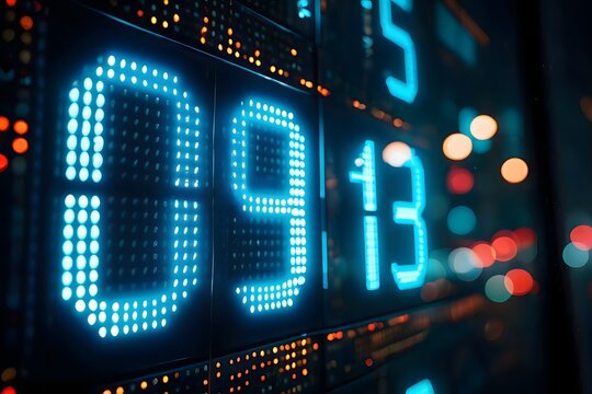 Stock market ticker led display blue numbers financial data information technology screen - Powered by Adobe