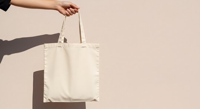 A person's arm holding a blank, beige tote bag against a pink wall.