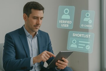 Businessman using tablet to verify user ID, shortlist applicants, and confirm identity with digital interface
