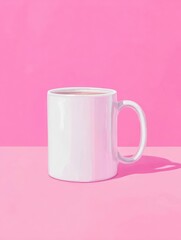 A simple white mug sits prominently against a bold pink backdrop. The smooth finish of the mug reflects light, creating an inviting spot for coffee or tea lovers.