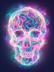 A vividly colored skull illustration displays vibrant neon lights and swirling patterns. The design features a dynamic blend of blue, pink, and purple hues, creating an ethereal effect.