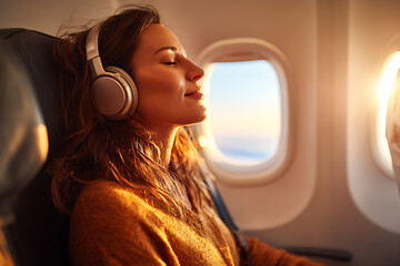 A serene woman enjoys music on a plane, bathed in golden sunlight, creating a peaceful travel moment.
