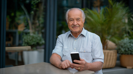 Elderly man logs blood pressure using mobile app and arm cuff