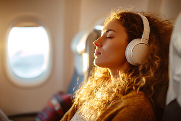 A serene young woman enjoys music with headphones during a peaceful flight, bathed in warm sunlight.
