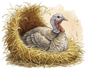 A turkey nesting, overlaid with an image of hay