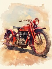 A classic red motorcycle stands prominently in a dusty setting. Its vintage design features intricate details, set against a backdrop of soft, muted clouds and earthy tones.