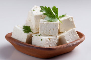A stack of fresh feta cheese cubes in a rustic bowl, garnished with parsley sprigs.