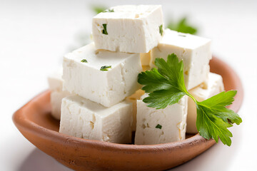 Delicious feta cheese cubes in a rustic bowl, garnished with fresh parsley, on a pristine white background.