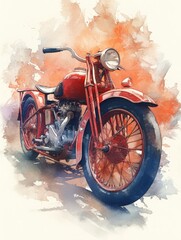 A classic red motorcycle stands prominently, showcasing its intricate design and vintage charm. The background features abstract colors, enhancing the motorcycles striking appearance.