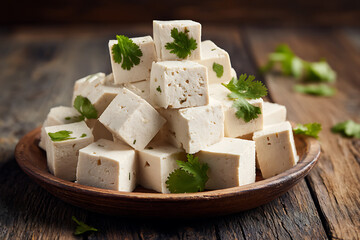 A wooden bowl filled with tofu cubes, garnished with fresh cilantro leaves on a rustic table.