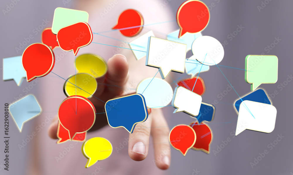 Poster image of interconnected speech bubbles symbolizing global communication and networking.