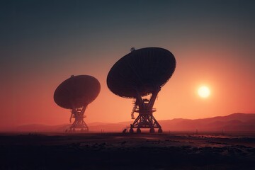 Two radio telescopes stand silhouetted against a vibrant sunset over a dusty landscape