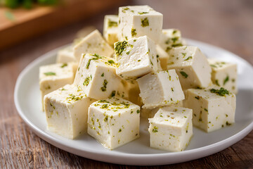 A culinary delight: Cubes of fresh paneer cheese, seasoned with herbs, presented on a white plate.